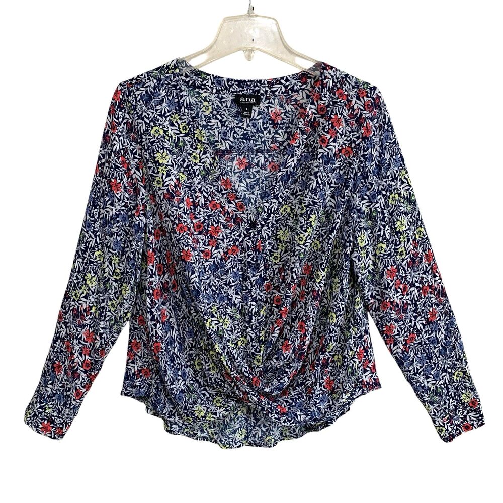 a.n.a. Blouse Top Womens Size Large Blue Floral Long Sleeve Twist Front High-Low